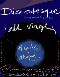 discodesque: all vinyl poster. Dark blue, dark purple accent colors with a large record design with the artists "m. goalen and dhope" listed in the center of the record. 