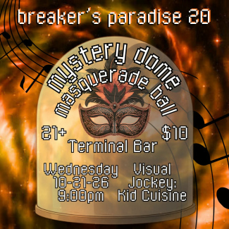 Tombstone with Breaker's Paradise and party details on it